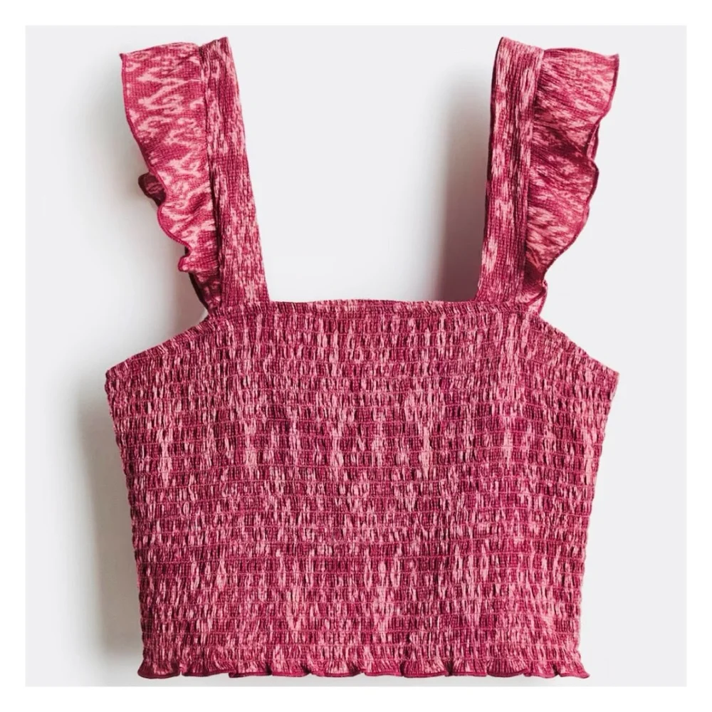 H&M Ruffle Smocked Crop Top Small Pink Pattern NWT - Picture 1 of 8